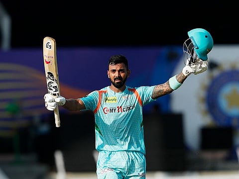 Match winner... KL Rahul of Lucknow celebrates his century during match 26 of the TATA Indian Premier League 2022 (IPL season 15) against Mumbai Indians at the Brabourne Stadium (CCI) in Mumbai.