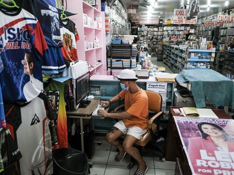 Campaign paraphernalia of different Philippine election candidates in a print shop in downtown Manila, the Philippines, on Tuesday, April 12, 2022.