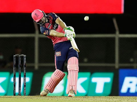 Jos Buttler of Rajasthan Royals hits one of his sixes during his century against Kolkata Knight Riders in Match 30 of the TATA Indian Premier League at the Brabourne Stadium in Mumbai on Monday. 