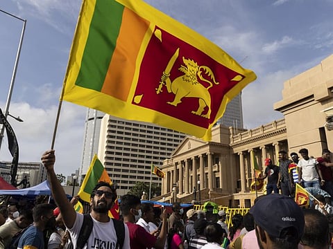 Demonstrators in front of the Old Parliament Building in Colombo, Sri Lanka, on April 18, 2022.  