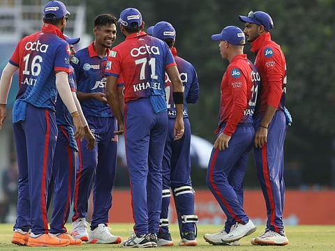 Delhi Capitals team members celebrating during the match against Kolkata Knight Riders at the Brabourne Stadium. The Capitals' match today is still hanging in balance.