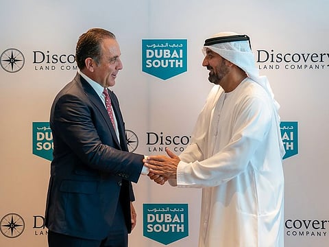 Discovery Land will deploy Dh1 billion to build up the 2 square kilometre plot. Pictured here are Sheikh Ahmed Bin Saeed Al Maktoum, Chairman of Dubai Aviation City Corporation, Dubai South, with Michael Meldman, Chairman of Discovery Land.