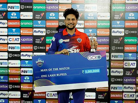Kuldeep Yadav of Delhi Capitals with the Man of The Match award after match 32 of the TATA Indian Premier League 2022 (IPL season 15) against Punjab Kings at the Brabourne Stadium (CCI) in Mumbai.