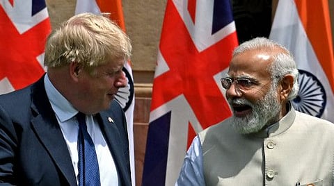 Prime Minister Narendra Modi meets with United Kingdom Prime Minister Boris Johnson at Hyderabad House, in New Delhi on Friday, Apr 22, 2022.