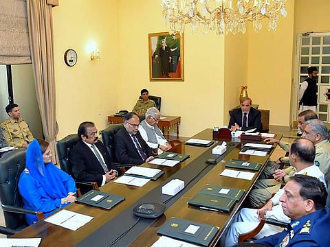 Pakistan's Prime Minister Shahbaz Sharif chairs the National Security Committee meeting in Islamabad on April 22, 2022. 