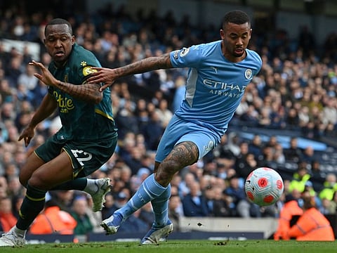 Watford's Brazilian defender Samir vies with Manchester City's Brazilian striker Gabriel Jesus during the English Premier League football match at the Etihad Stadium in Manchester, north west England.