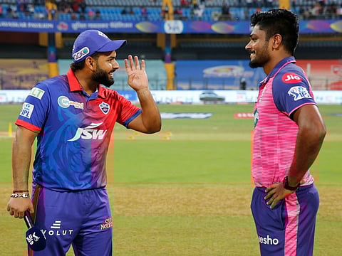 Rishabh Pant captain of Delhi Capitals and Sanju Samson captain of Rajasthan Royals at the toss for match 34 of the TATA Indian Premier League 2022 (IPL season 15) at the Wankhede stadium in Mumbai.