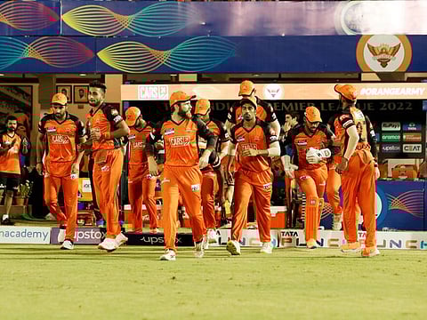 Sunrisers Hyderabad fielders enter the field during match 36 of the TATA Indian Premier League 2022 (IPL season 15) against Royal Challengers Bangalore at the Brabourne Stadium (CCI) in Mumbai.