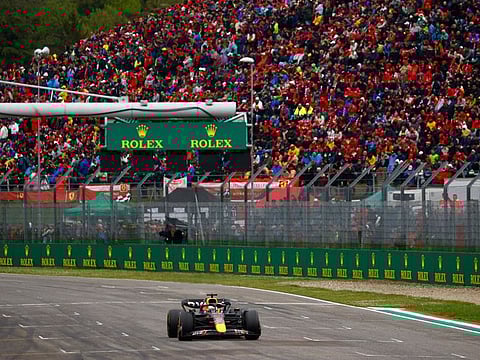 Red Bull Racing's Dutch driver Max Verstappen crosses the line to win the Emilia Romagna Formula One Grand Prix at the Autodromo Internazionale Enzo e Dino Ferrari race track in Imola, Italy.