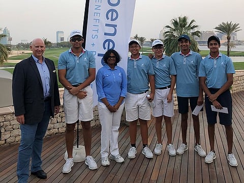 The day winners Dubai Creek Golf and Yacht Club with Boyd Edmondson (left) representing title sponsors of the Dubai Golf Junior Team Championship, Beneple.