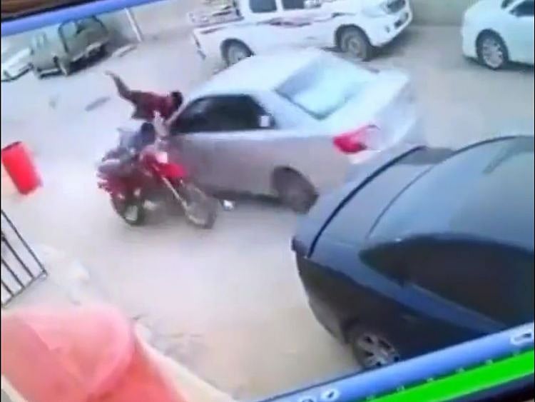  The pre-iftar incident was captured by a video posted on social media, showing the car hitting both men who were standing next to a motorcycle and speeding off, according to online portal Al Marsd.