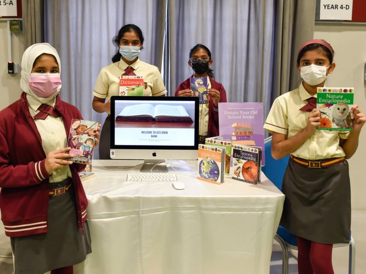 Hannah Alice Santhosh, Zaynab Faheen Ahmed, Maria Faraz and Savanna Khursheed sharing details about their project GCS Book Bank during the Technovation exhibition.