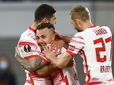 RB Leipzig's Angelino celebrates scoring the only goal against Rangers.