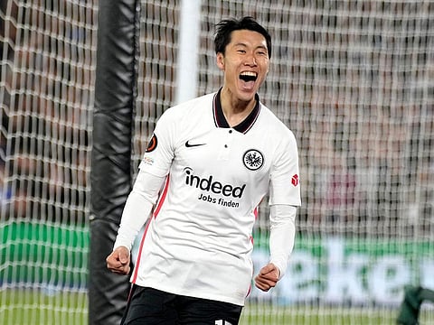 Frankfurt's Daichi Kamada celebrates after scoring his side's second goal against West HAM>