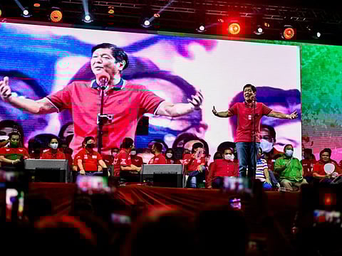 Philippine presidential candidate Ferdinand Marcos Jr., son of late dictator Ferdinand Marcos, gestures as he speaks during a campaign rally in Quezon City, Metro Manila, Philippines, February 14, 2022.