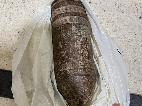 In this photo provided by Israel's airport authority, shows an unexploded artillery shell at the Ben Gurion International Airport in Lod, Israel, on April. 29, 2022. 