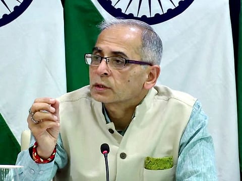 Foreign Secretary Vinay Mohan Kwatra addresses a press conference, in New Delhi on Sunday.