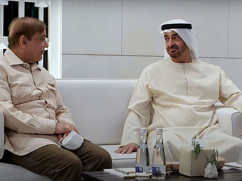 His Highness Sheikh Mohamed bin Zayed Al Nahyan [R], Crown Prince of Abu Dhabi and Deputy Supreme Commander of the UAE Armed Forces, and Pakistani Prime Minister, Shahbaz Sharif [L]