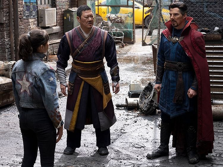 Xochitl Gomez as America Chavez, Benedict Wong as Wong, and Benedict Cumberbatch as Doctor Strange.