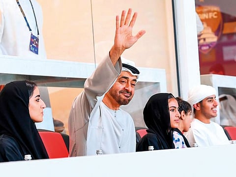 Sheikh Mohammed Bin Zayed Al Nahyan watching the final between Al Ain FC and Shabab Al Ahli at Al Jazira Club on Wednesday.
