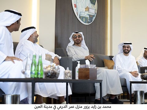 Sheikh Mohamed bin Zayed Al Nahyan, Crown Prince of Abu Dhabi and Deputy Supreme Commander of the UAE Armed Forces (3rd L), visits the home of Dr Omar Habtoor Al Derei, Director-General of the UAE Fatwa Council (4th L). Seen with Hamad Habtoor Al Derei (2nd L) and Sheikh Mohamed bin Hamad bin Tahnoon Al Nahyan, Private Affairs Advisor in the Ministry of Presidential Affairs (R). 