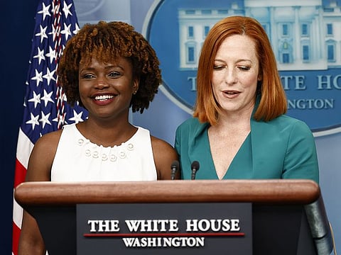 Karine Jean-Pierre, principal deputy press secretary, left, and Jen Psaki, White House press secretary, during a news conference in the James S. Brady Press Briefing Room at the White House in Washington, D.C., U.S., on Thursday, May 5, 2022.