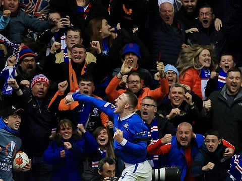 Rangers' John Lundstram celebrates scoring their third goal.