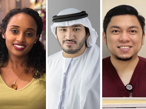 From left: South African Meaza Kebere, Emirati Hassan Al Suwaidi and Filipino Yasser Kintanar Fuentes each won Dh77,777 in the latest round of Emirates Draw.   