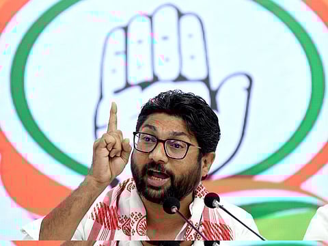 Gujarat Independent MLA Jignesh Mevani addresses the media, at  AICC Headquarters, in New Delhi on Monday