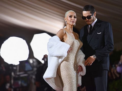 US socialite Kim Kardashian and comedian Pete Davidson at the 2022 Met Gala at the Metropolitan Museum of Art on May 2, 2022, in New York. - The Gala raises money for the Metropolitan Museum of Art's Costume Institute. The Gala's 2022 theme was "In America: An Anthology of Fashion". 