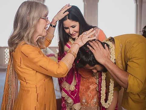 Suzanne Turquotte, Katrina Kaif's mother, blessing her daughter and her husband Vicky Kaushal in an undated photo from what appears to be their wedding