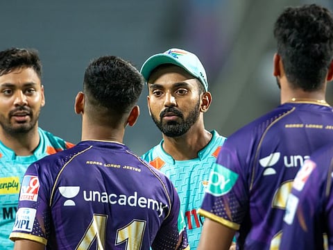 KL Rahul captain of Lucknow Super Giants shakes hands with Shreyas Iyer captain of Kolkata Knight Riders after match 53 of the TATA Indian Premier League 2022 at the MCA International Stadium in Pune.