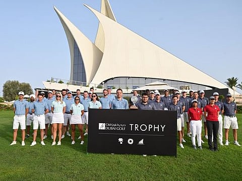 The Pros and Amateurs Teams parade for the Dubai Golf Trophy Team Photos prior to the first match this morning (Sunday) at Dubai Creek Golf & Yacht Club.