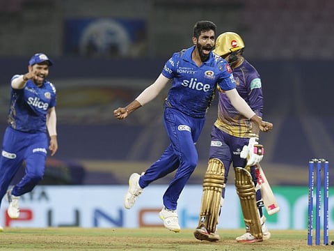 Jasprit Bumrah of Mumbai Indians celebrates the wicket of Sunil Narine of the Kolkata Knight Riders during Match 56 of the TATA Indian Premier League at DY Patil Stadium in Mumbai on Monday.