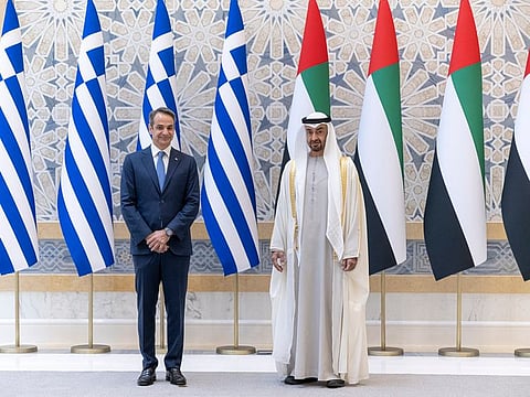 His Highness Sheikh Mohamed bin Zayed Al Nahyan (right) with Kyriakos Mitsotakis, Prime Minister of Greece
