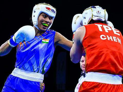 India's Lovlina Borgohain (left) en route to her first round win over Chen Nien-Chin in the 70kg class in Turkey, her first international event after Tokyo Olympics. st compe
