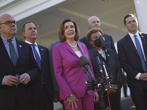 US House Speaker Nancy Pelosi, a Democrat from California, center, speaks to members of the media next to the Congressional delegation that recently visited Ukraine outside the West Wing of the White House following a meeting with President Joe Biden in Washington, D.C., US., on Tuesday, May 10, 2022.
