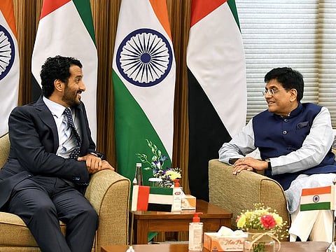 Abdullah bin Touq Al Marri with India's Minister for Commerce and Industry Piyush Goyal in New Delhi. 