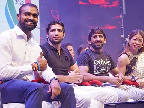Olympic medal winners Bajrang Punia, Ravikumar Dahiya, PR Sreejesh, Mary Kom during the inauguration ceremony of first Kerala Games.