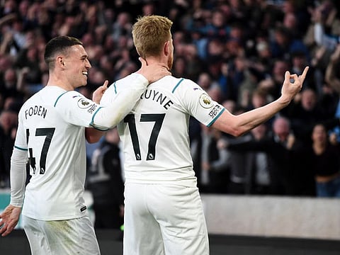 Manchester City's Kevin De Bruyne copied Erling Haaland's famous celebration after scoring their third goal with Phil Foden.