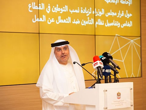 Abdulrahman Al Awar announcing the UAE Cabinet resolution on Emiratisation, in Dubai today.