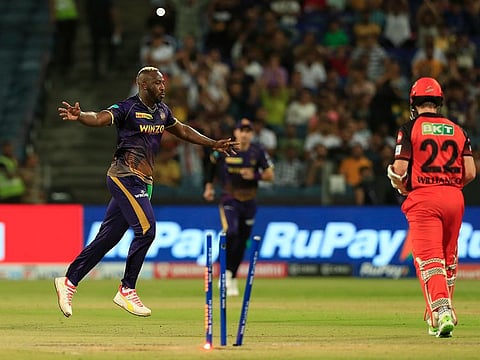 Andre Russell of Kolkata Knight Riders (left) in jubilation after sending back Sunrisers Hyderabad skipper Kane Williamson on Saturday.