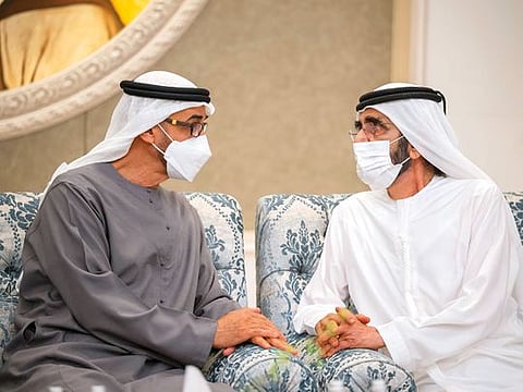 Sheikh Mohamed bin Zayed Al Nahyan with Sheikh Mohammed bin Rashid at  the Al Mushrif Palace in Abu Dhabi on Saturday. 
