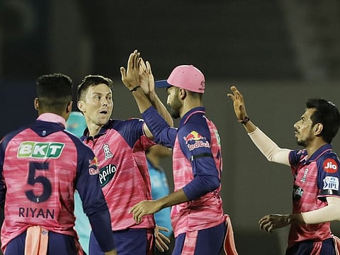 Rajasthan Royals pacer Trent Boult celebrates the dismissal of Lucknow Super Giants' Quinton de Kock during their Indian Premier League match at Brabourne Stadium in Mumbai on Sunday.