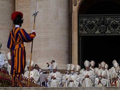 Participants in the canonization mass celebrated by Pope Francis for ten new saints arrive in St. Peter's Square at The Vatican, Sunday, May 15, 2022