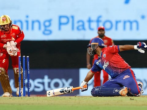 Delhi captain Rishabh Pant is getting stumped during Match 64 of the TATA Indian Premier League 2022 against Punjab Kings at the DY Patil Stadium in Mumbai on Monday.