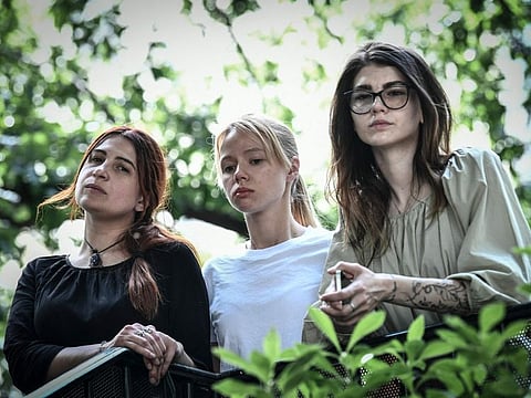 Ukrainian partners of Azovstal's soldiers of Mariupol, Olha Andrianova, Katerina Prokopenko and Hanna Naumenko during a photo session on May 15, 2022 in Paris.