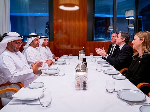 Sheikh Abdullah takes part in a business dinner with US Secretary of State Antony Blinken.