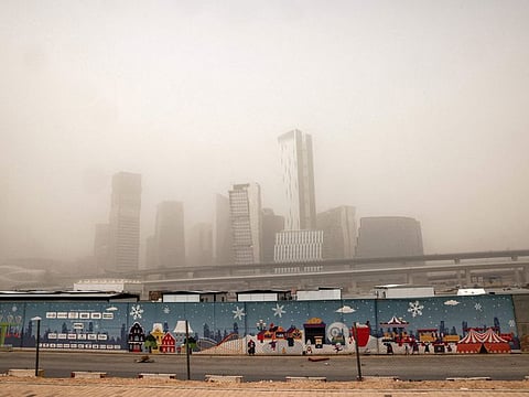 This picture taken on May 17, 2022 shows a view of skyline of the city centre of Saudi Arabia's capital Riyadh during a heavy dust storm. 