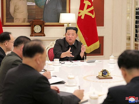 North Korean leader Kim Jong Un presides over a politburo meeting of the ruling Workers' Party, amid the coronavirus disease (COVID-19) pandemic, in Pyongyang, North Korea, May 17, 2022.
